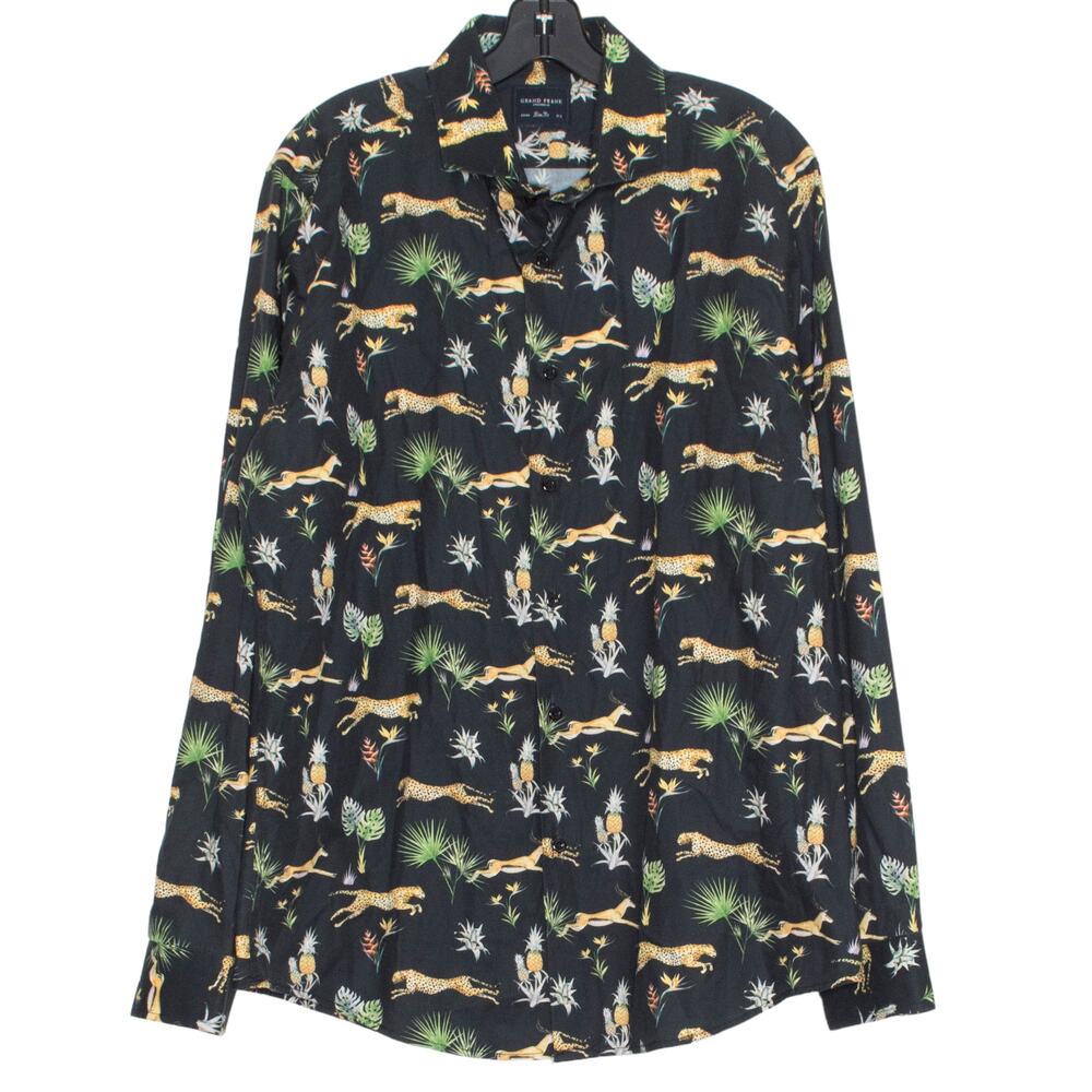 Grand Frank Mens Shirt Cheetah Statement Bold Safari Button Up Black 33/44 17.5